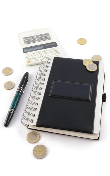 Notebook com calculadora e caneta — Fotografia de Stock