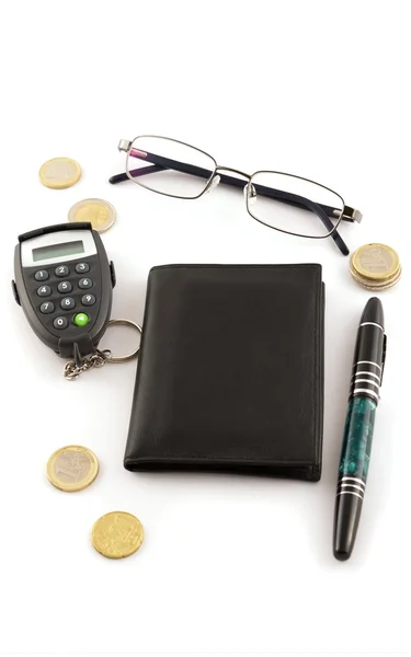 Notebook with pin calculator and glasses