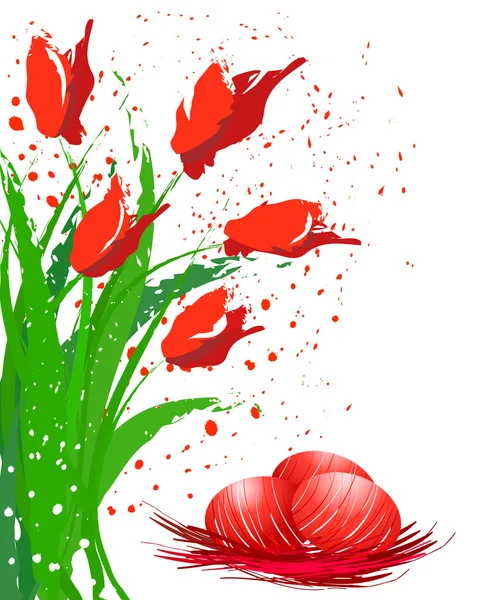 Ovos de Páscoa e tulipas vermelhas — Vetor de Stock