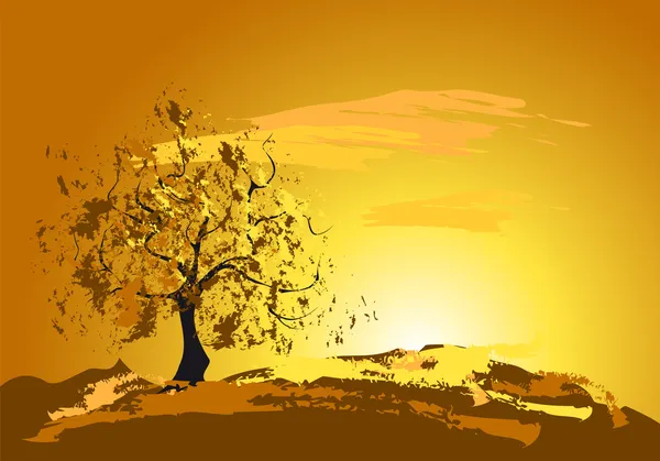 Golden sunset with a tree — Stock Vector