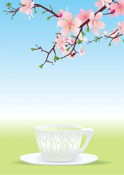 A cup of tea and blossoming cherry — Stock Photo, Image
