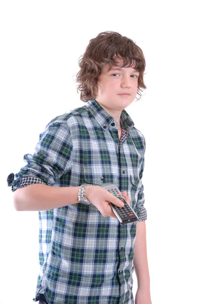Teenage boy woth TV remote — Stock Photo, Image