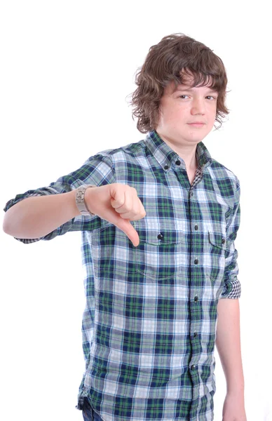 Teenage boy thumb down — Stock Photo, Image