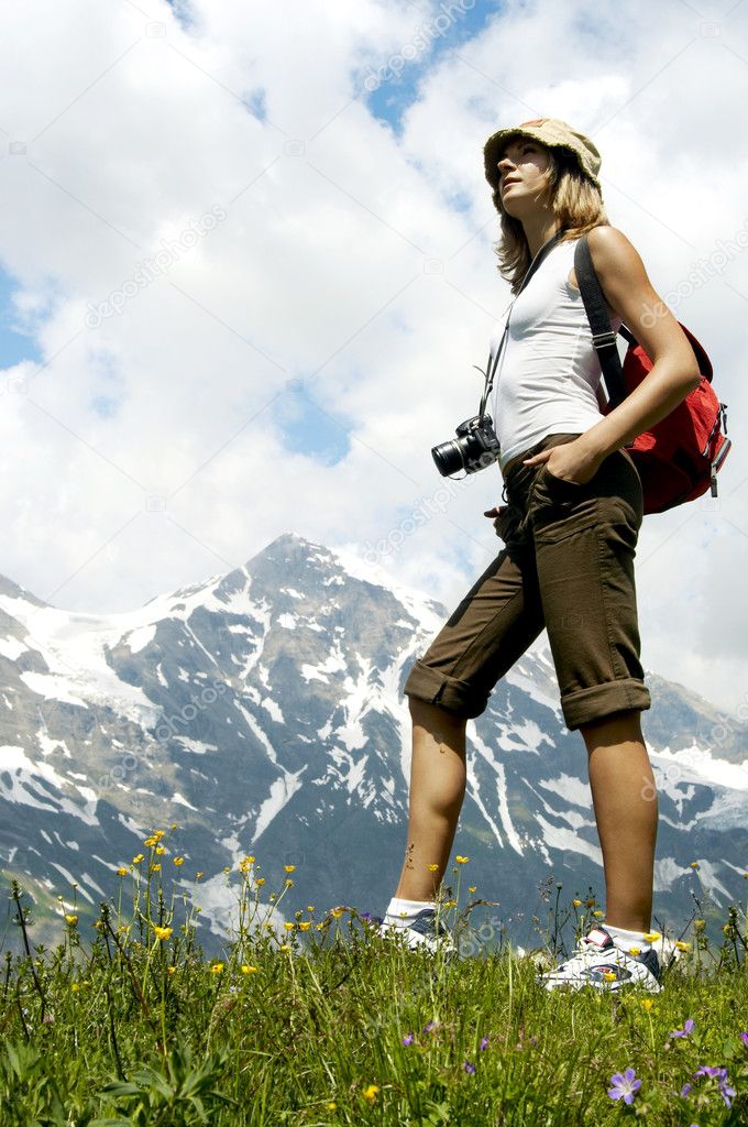Tourist Woman Hiking in Mountains, Girl Backpacker Climbing, travel tourism