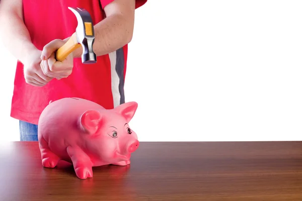 ピンクの貯金とハンマー — ストック写真