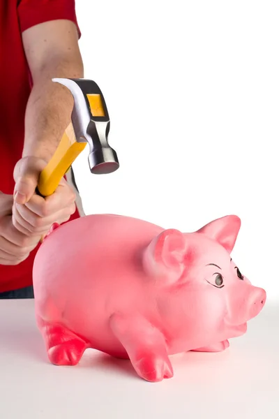 粉红猪存钱罐和锤子 — 图库照片