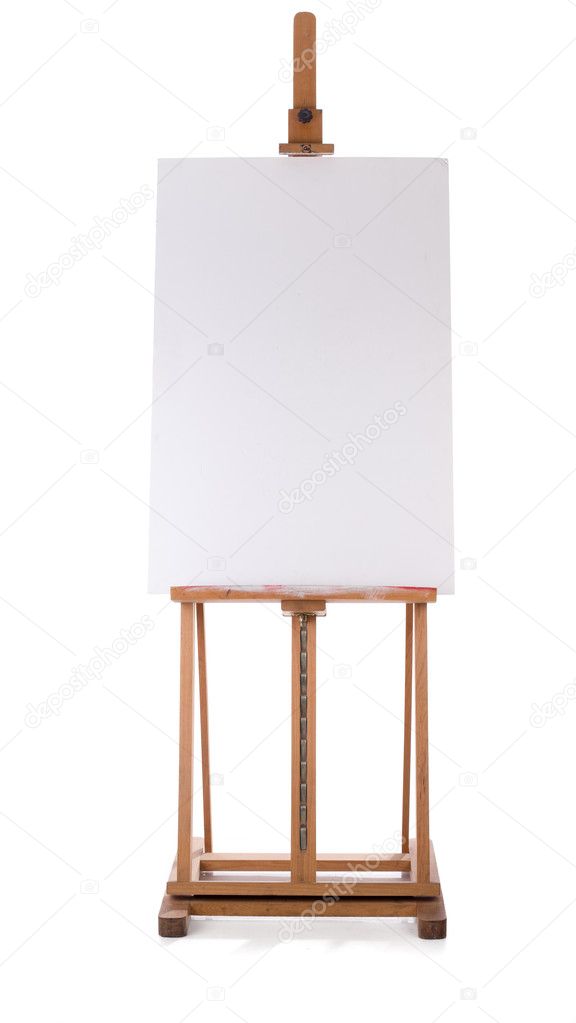 wooden easel with blank canvas isolated on white background Stock Photo