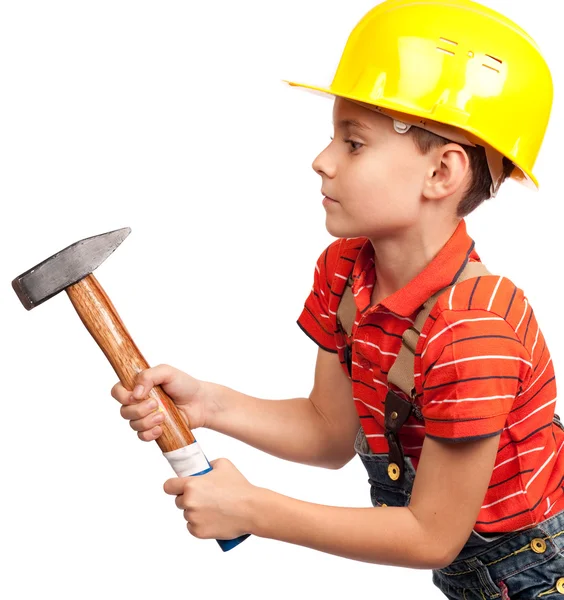 Little construction worker with hammer — Stock Photo, Image