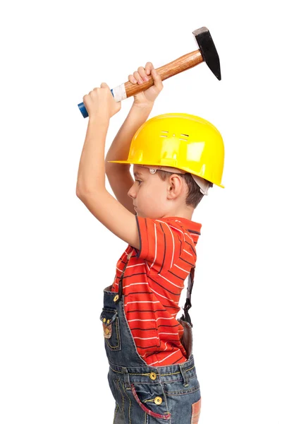 Little construction worker with hammer — Stock Photo, Image