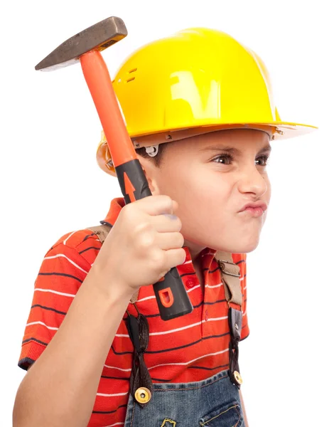 Pequeno trabalhador da construção com martelo — Fotografia de Stock
