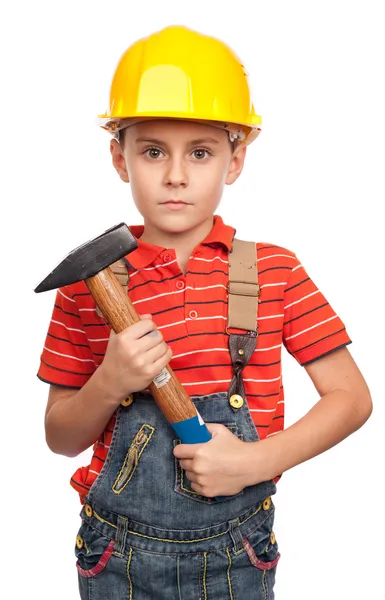 Pequeño trabajador de la construcción con martillo — Foto de Stock
