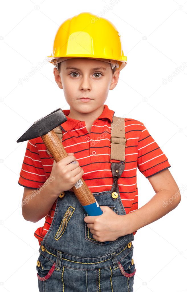 Little construction worker with hammer