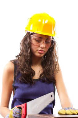 Latino construction lady with handsaw clipart