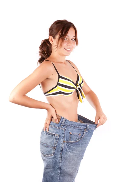 Dame met grote jeans, verlies gewichtsconcept — Stockfoto