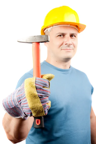Blauwe kraag werknemer met hamer — Stockfoto