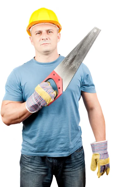 Blue collar worker with handsaw — Stock Photo, Image