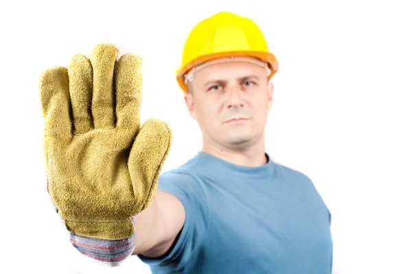 Yapma dur işareti mavi yakalı işçi — Stok fotoğraf