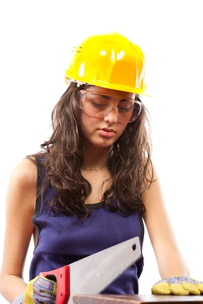 Mujer de construcción latina con sierra de mano —  Fotos de Stock
