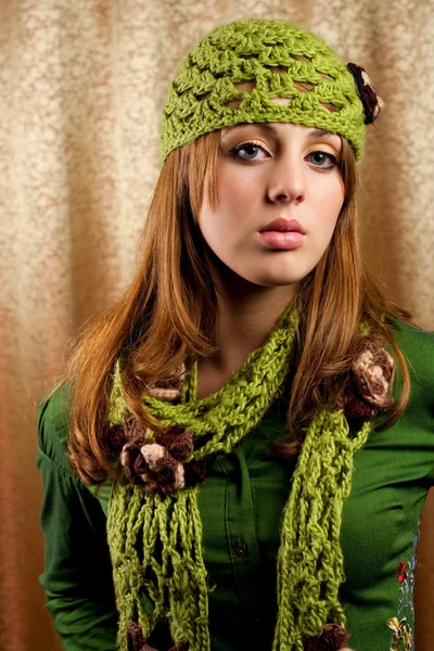 Beautiful blonde in retro cap and scarf — Stock Photo, Image