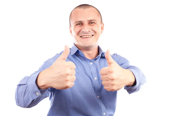 Young happy businessman with thumbs up — Stock Photo, Image