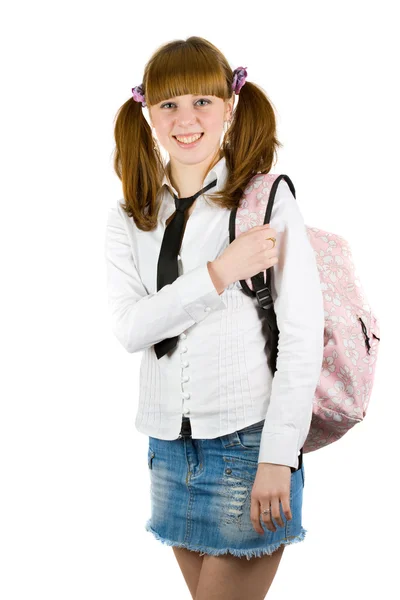 Blonde schoolmeisje geïsoleerd op wit — Stockfoto
