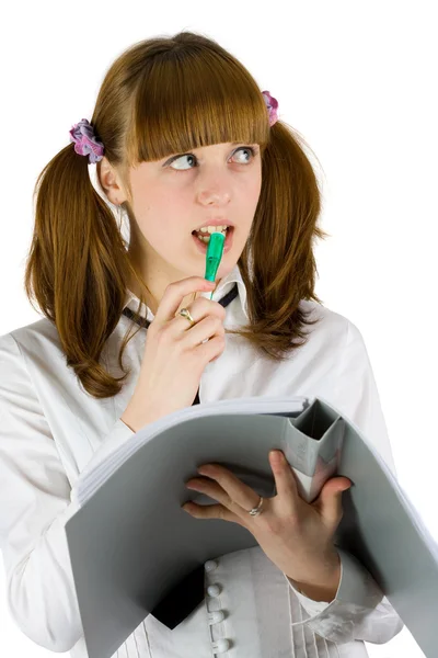 Dziewczyna pisząca w notatniku — Zdjęcie stockowe