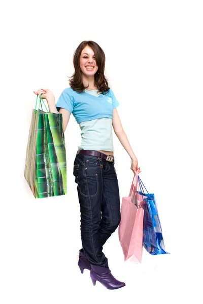 Jovem mulher compras, isolado em branco — Fotografia de Stock
