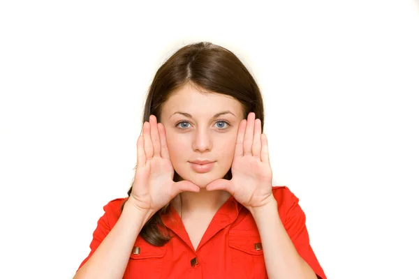 Mujer enmarcando su cara con sus palmas —  Fotos de Stock