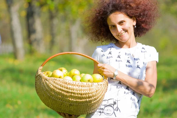 Vacker dam med en korg med äpplen — Stockfoto