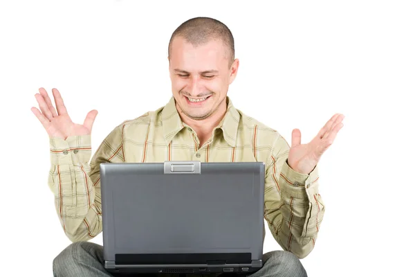 Empresário casual feliz com laptop — Fotografia de Stock