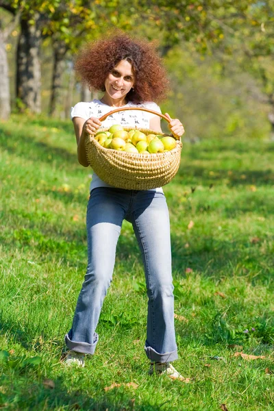 Pretty lady with a basket of apples — Stock Photo, Image