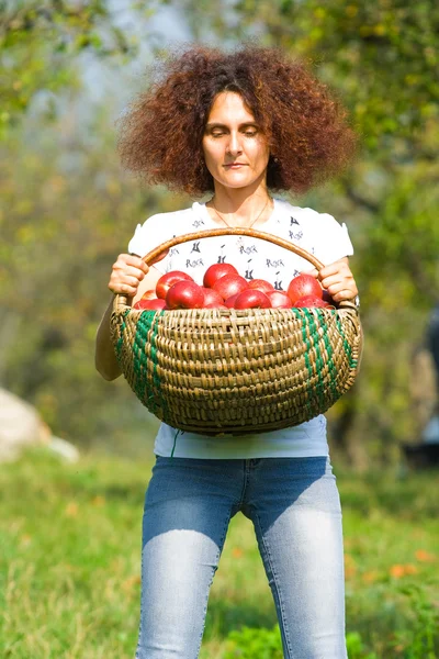 Frau mit Korb voller Äpfel — Stockfoto