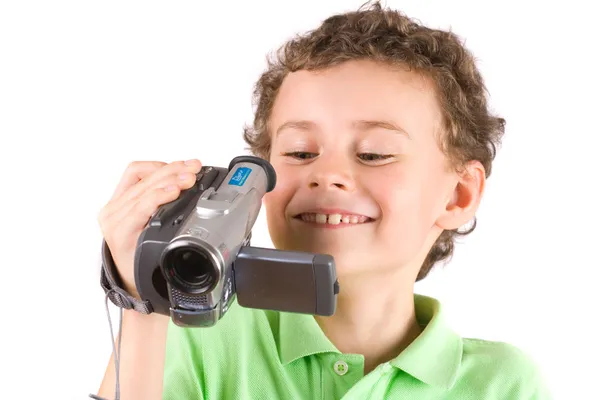 Jongen met behulp van video camera — Stockfoto