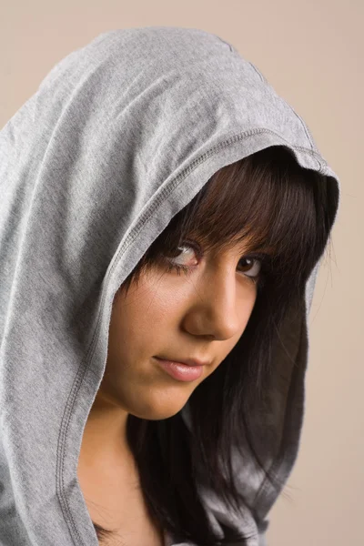 Brunette with sweater and hood — Stock Photo, Image