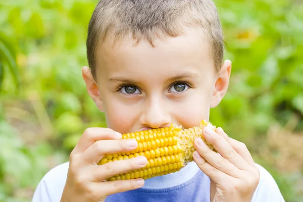 Chłopiec jedzenie kukurydziany — Zdjęcie stockowe