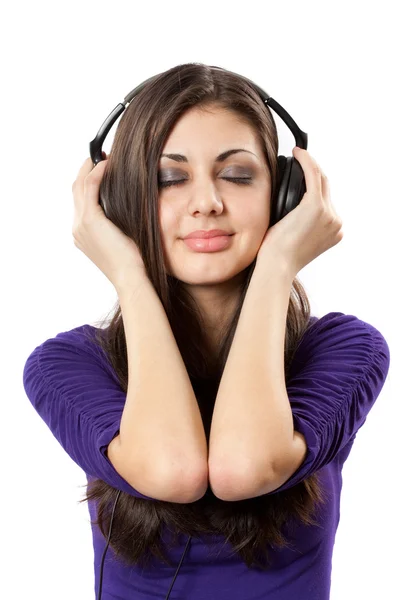 Morena com fones de ouvido — Fotografia de Stock
