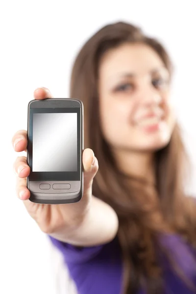 Morena com telefone celular ou PDA — Fotografia de Stock