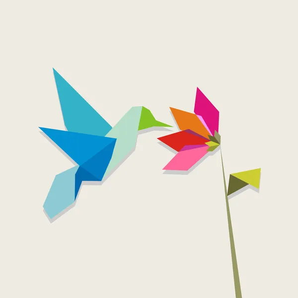 Origami hummingbird and flower — Stock Vector