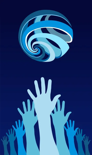 Mains levées avec une icône du globe terrestre mondial — Image vectorielle