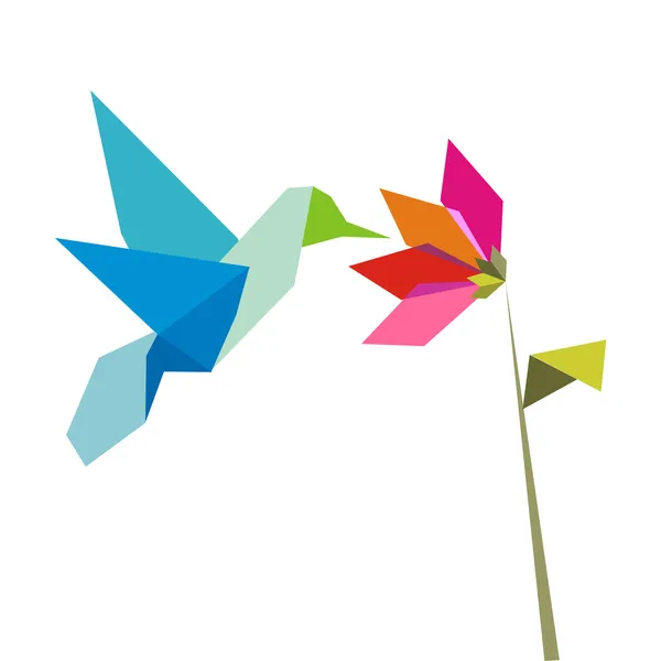Origami flower and hummingbird on white — Stock Vector