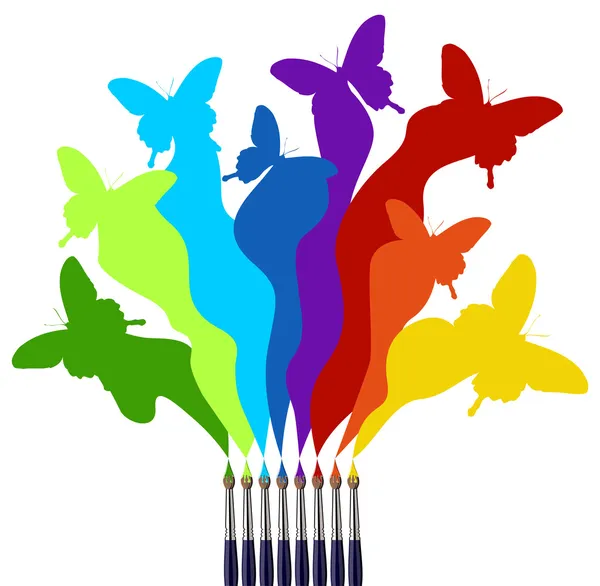 Verf penselen en gekleurde regenboog — Stockvector
