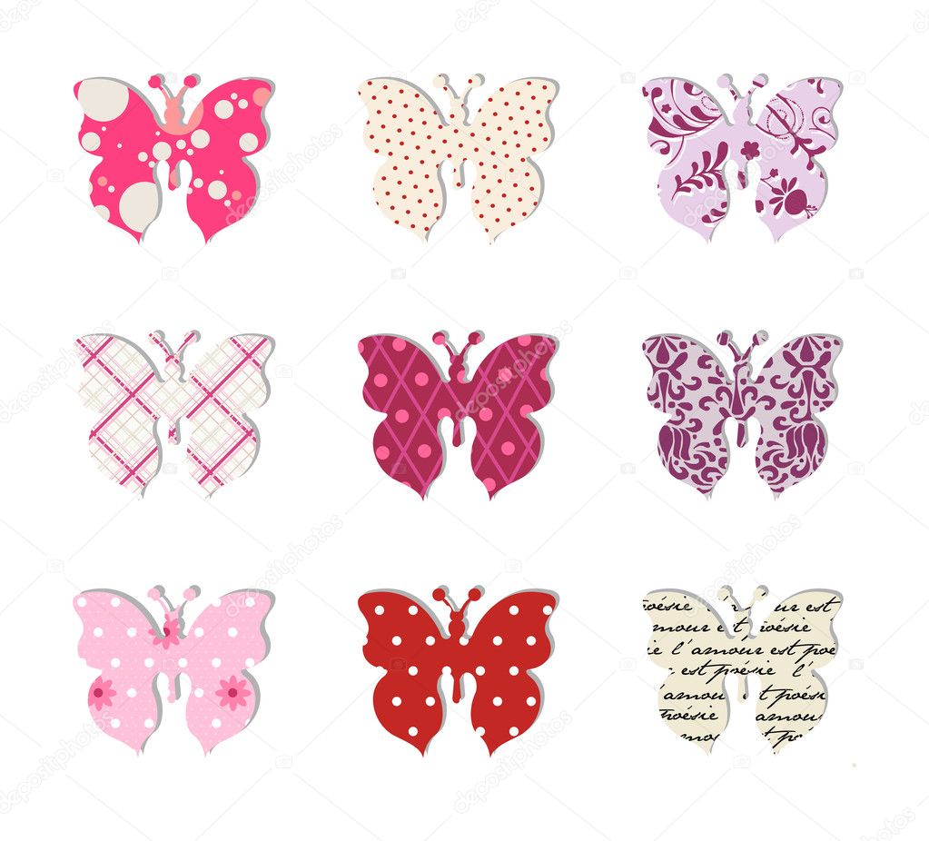 Butterfly set. Pink, red and warm tones.