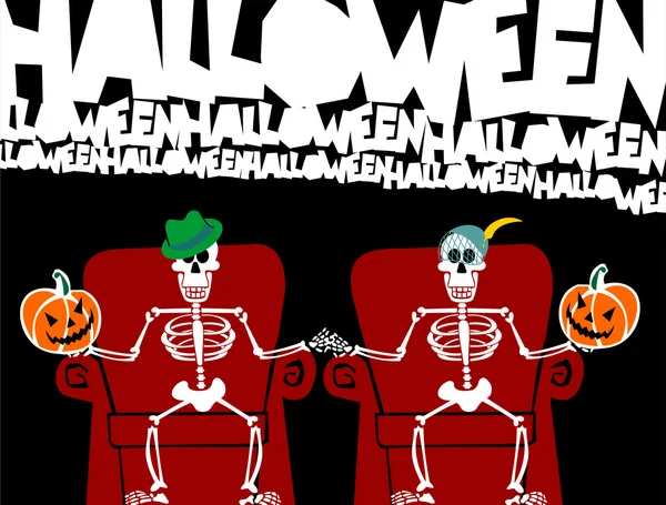 Halloween esqueleto pareja viendo TV — Vector de stock