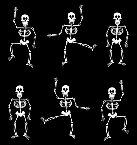 Halloween skeletons dancing on black bac — Stock Vector