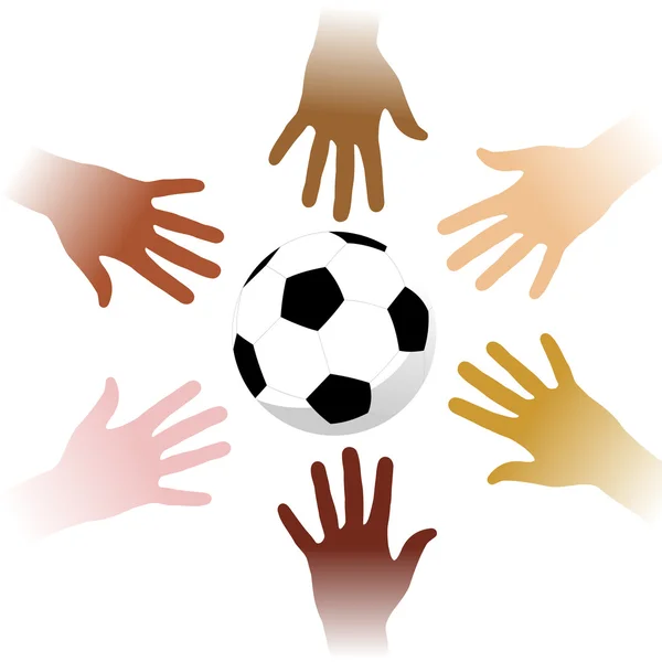 Mani intorno a un pallone da calcio — Vettoriale Stock