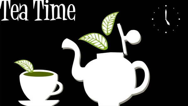 Çay saati: Çaydanlık ve bardak çay — Stok Vektör