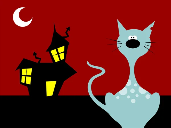 Noche de Halloween gato — Vector de stock