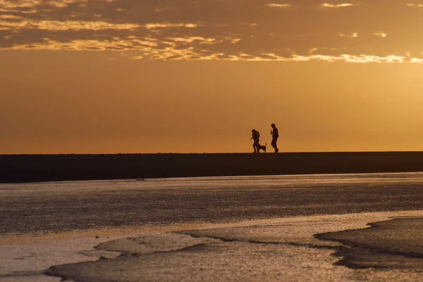 Paar spaziert bei Sonnenaufgang am Strand — Stockfoto