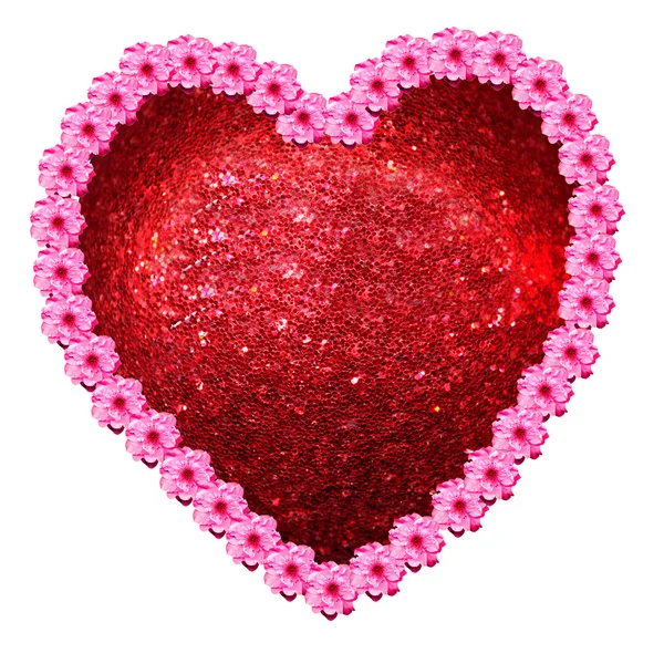 Κόκκινη καρδιά με ροζ λουλούδια — Φωτογραφία Αρχείου