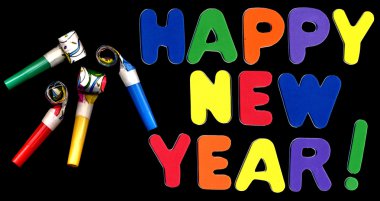 Foam happy new year with party whistles clipart